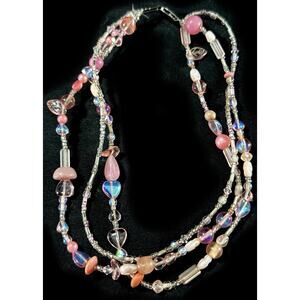 Vintage Artisan Pink Multi Strand Acrylic Beaded Girl’s Necklace – 13”